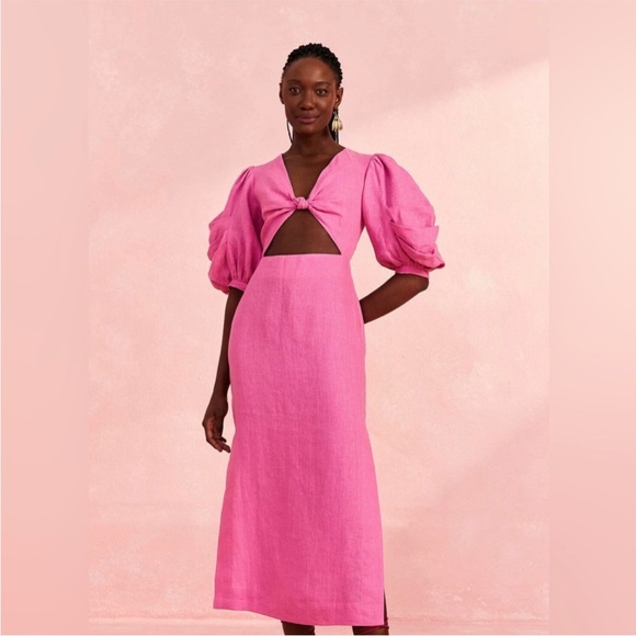 Farm Rio Linen Cut Out Midi Dress Puff Sleeve Half Sleeve Side Slit Pink Size M - Picture 1 of 11